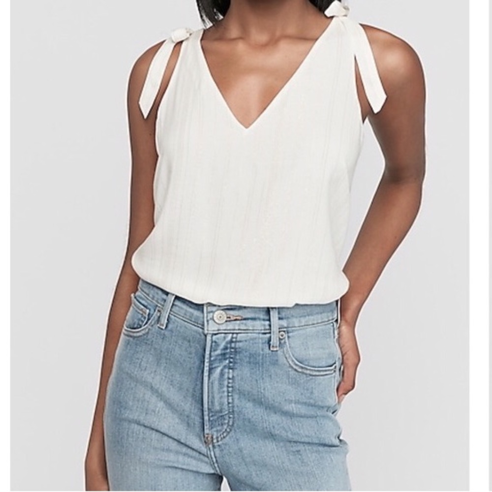 Express Gold Metallic Striped Tie Strap Shoulder White Tank S NWT